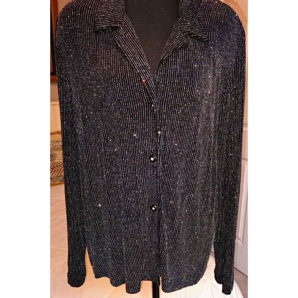 Ronni Nicole II Womens 10 Black Knit Glitter Button-Front Collared Blouse Top